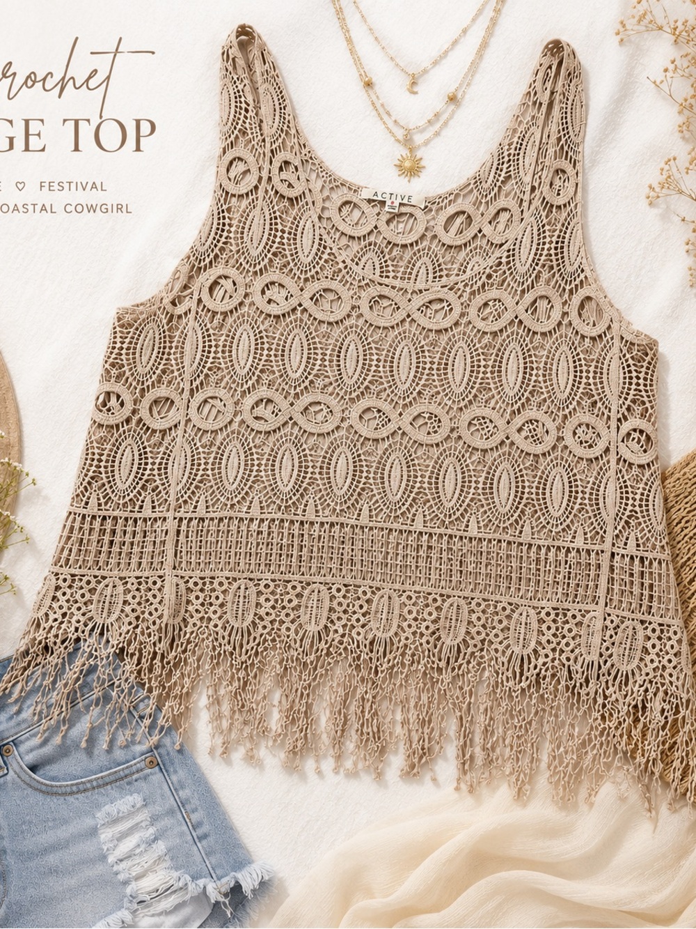 Boho Crochet Fringe Tank Top Festival Coastal Cowgirl Beach Cover Up